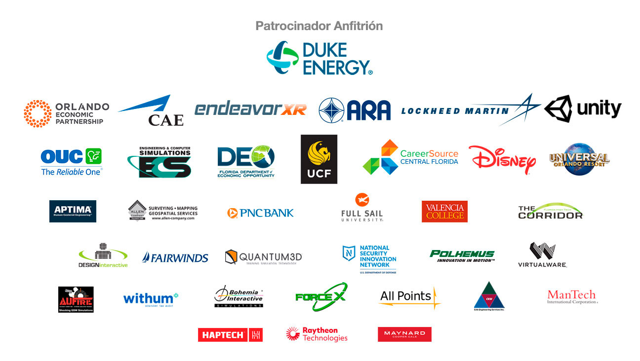 Logotipos de los patrocinadores y el patrocinador principal Duke Energy, Orlando Economic Partnership, Unity, Engineering & Computer Simulations, Lockheed Martin, Florida Department of Economic Opportunity, Endeavor XR, Valencia College, Florida High Tech The Corridor, Allen & Company, Bohemia Interactive, Aptima Human-Centered Engineering, Raytheon Technologies, UCF, Design Interactive, CareerSource Central Florida, Withum-smith-and-Brown, Virtualware, Quantum 3D, Full Sail, Cole Engineering, Universal, OUC, PNC Bank, AU Fire, Force X, National Security Innovation Network, Mantech, Polhemus, All Points, Disney, Maynard Cooper Gale, Haptech, CAE