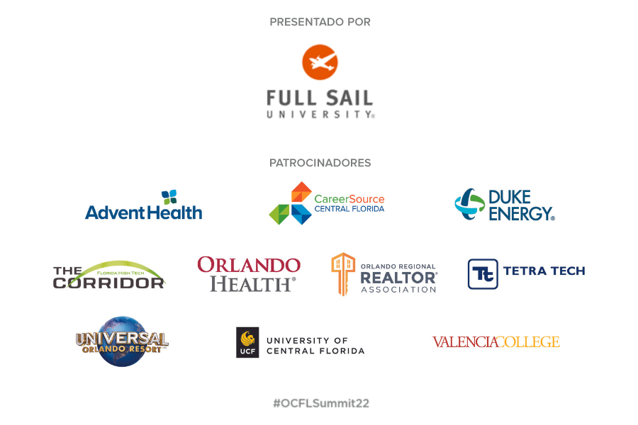 Logotipo del patrocinador, Full Sail University, y logotipos de varios patrocinadores de la Cumbre Económica Regional del Condado de Orange 2022
